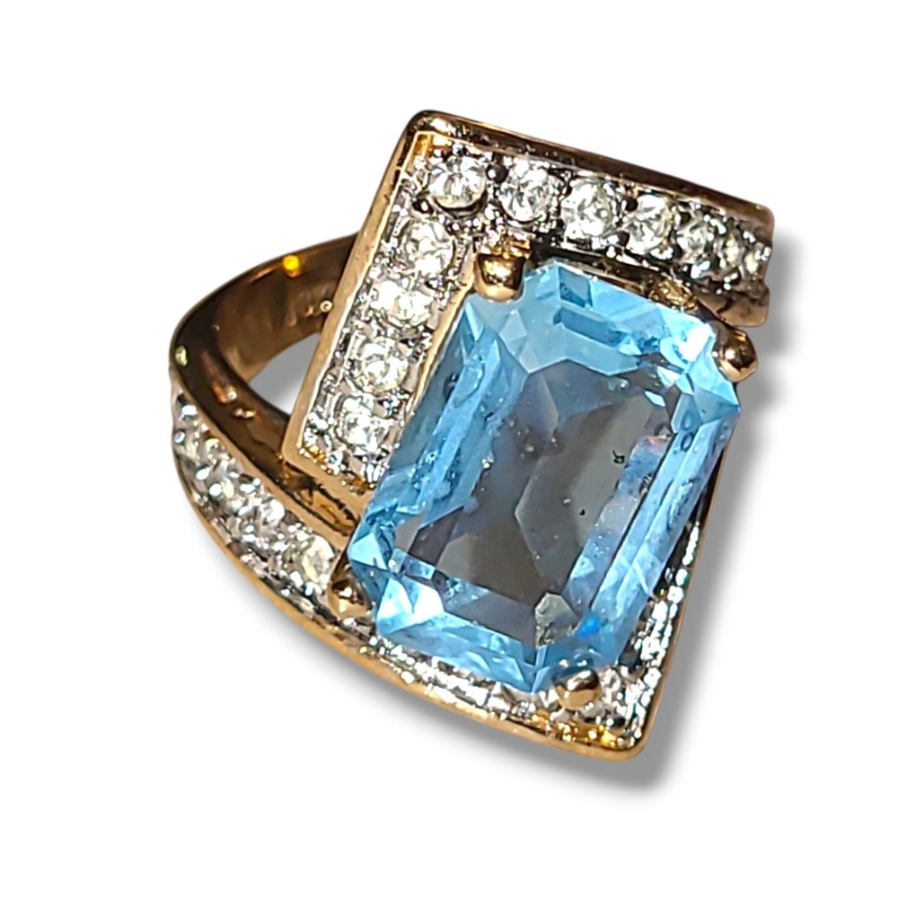 Vintage 18K HGE Blue CZ‎ Cocktail Ring Geometric Art Deco Statement Sz 7